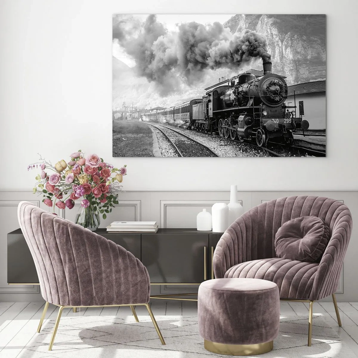 Quadro su vetro - Un vecchio treno a vapore in un paesaggio montano - 70x50cm - Ferma alla stazione... - Decorazione murale moderna per soggiorno e camera da letto ARTTOR