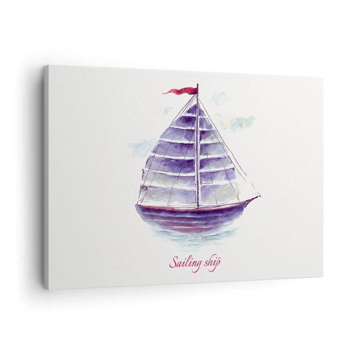 Quadro su tela - Stampe su Tela - Un dipinto ad acquerello di una barca a vela sull'acqua con una delicata iscrizione - 70x50cm - Gonfie vele e mare calmo - Decorazione murale moderna per soggiorno e camera da letto ARTTOR