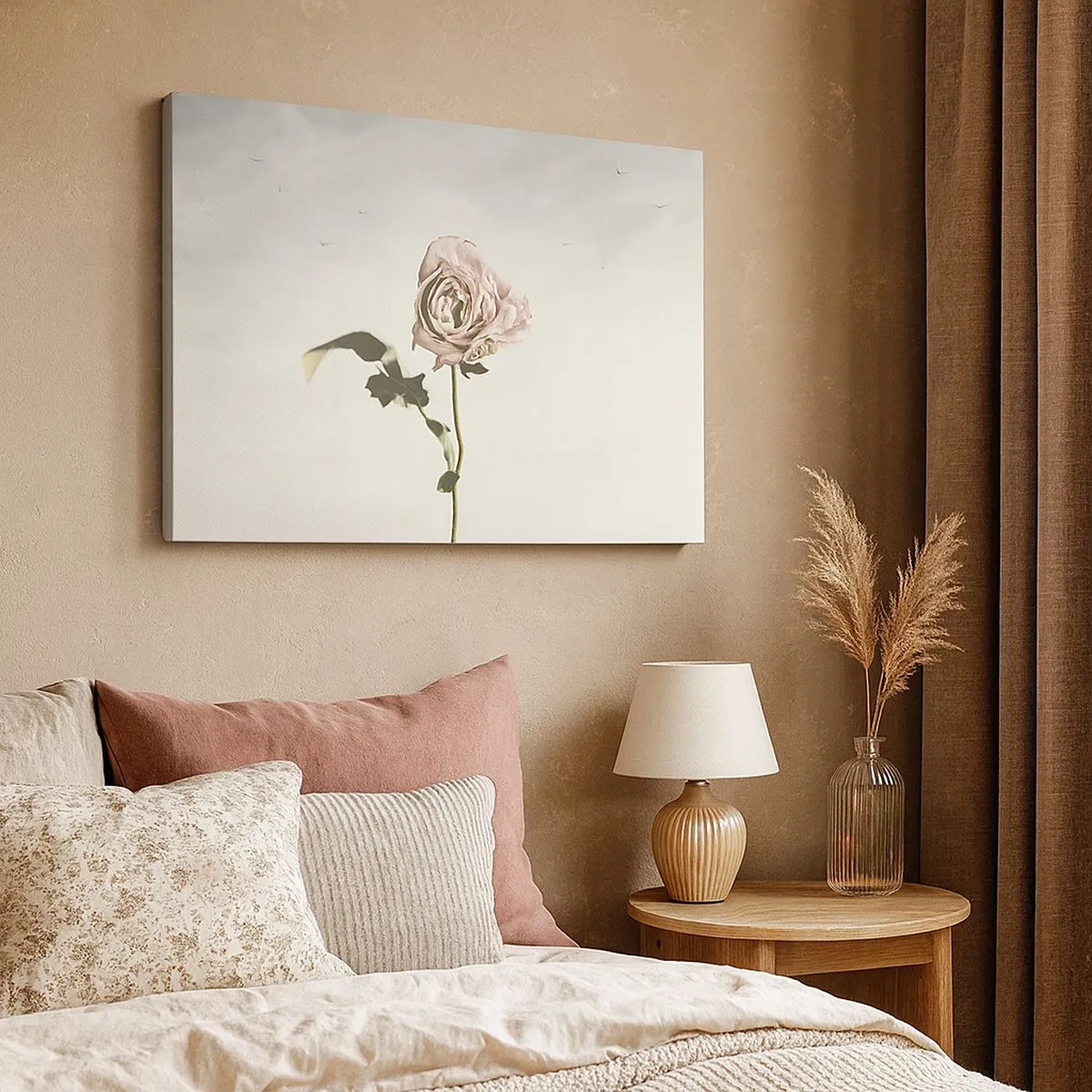 Quadro su tela - Stampe su Tela - Una rosa delicata contro un cielo luminoso con uccelli che volano - 70x50cm - Il benvenuto alla primavera - Decorazione murale moderna per soggiorno e camera da letto ARTTOR