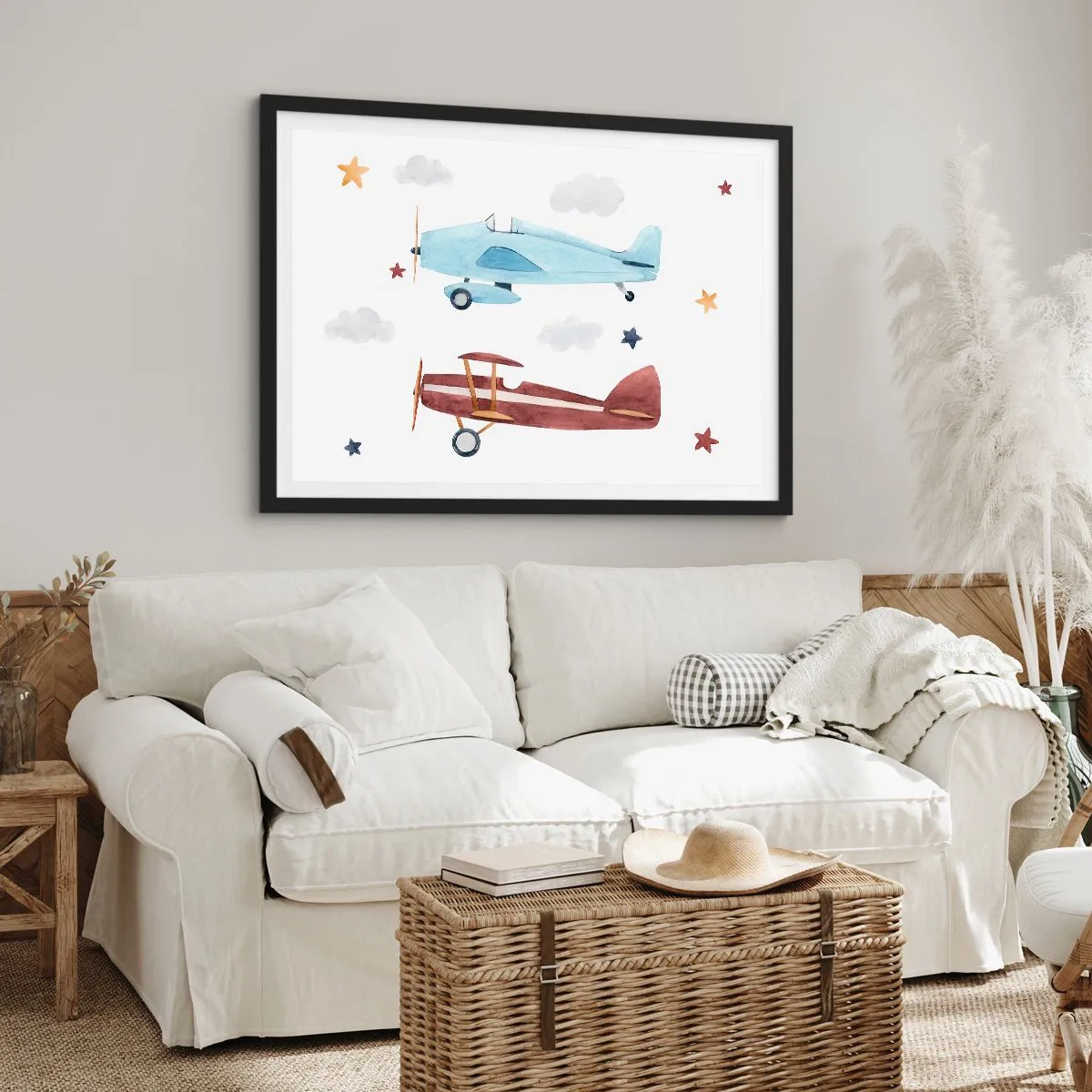 Poster in cornice nera - Aeroplani dipinti a mano su uno sfondo di nuvole e stelle - 70x50cm - Aspettando il pilota - Decorazione murale moderna per soggiorno e camera da letto ARTTOR