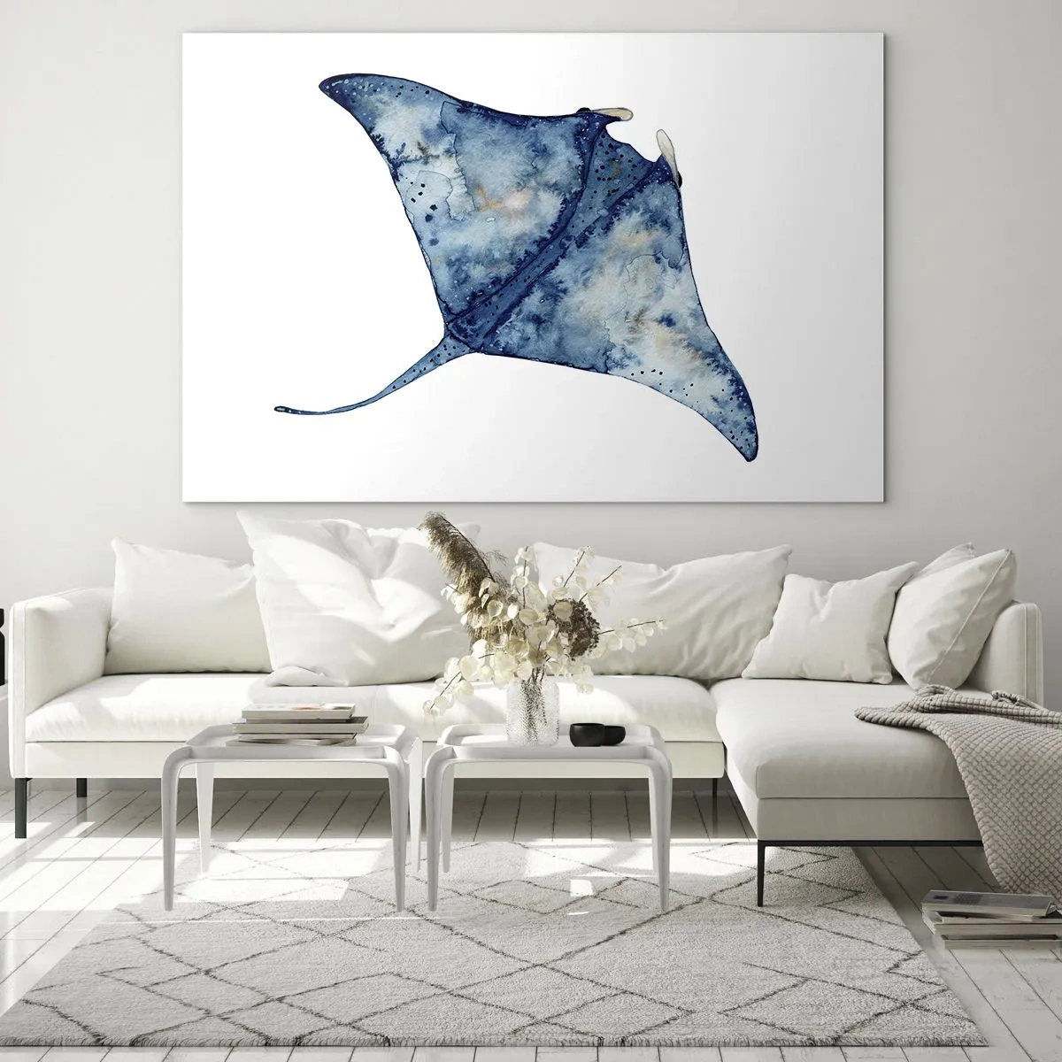 Quadro su vetro - Razza blu navy in stile acquerello su sfondo bianco - 70x50cm - Vita nel blu - Decorazione murale moderna per soggiorno e camera da letto ARTTOR