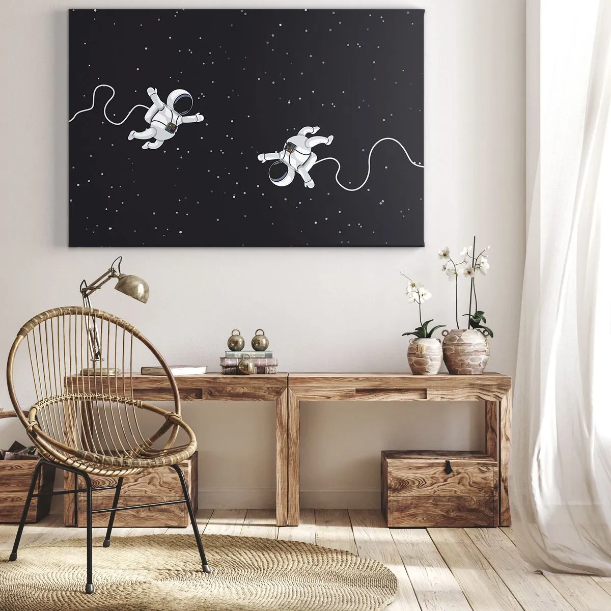 Quadro su tela - Stampe su Tela - Astronauti che fluttuano nello spazio con uno sfondo di stelle - 70x50cm - Danza cosmica - Decorazione murale moderna per soggiorno e camera da letto ARTTOR
