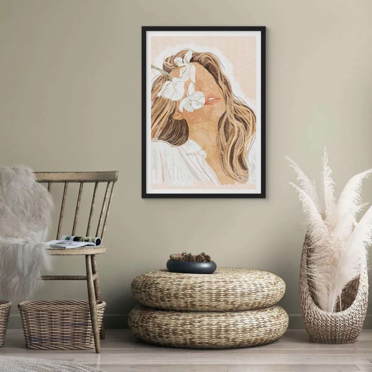 Poster in cornice nera - Ritratto di una donna con fiori che le coprono il viso - 50x70cm - In estasi tra i fiori - Decorazione murale moderna per soggiorno e camera da letto ARTTOR