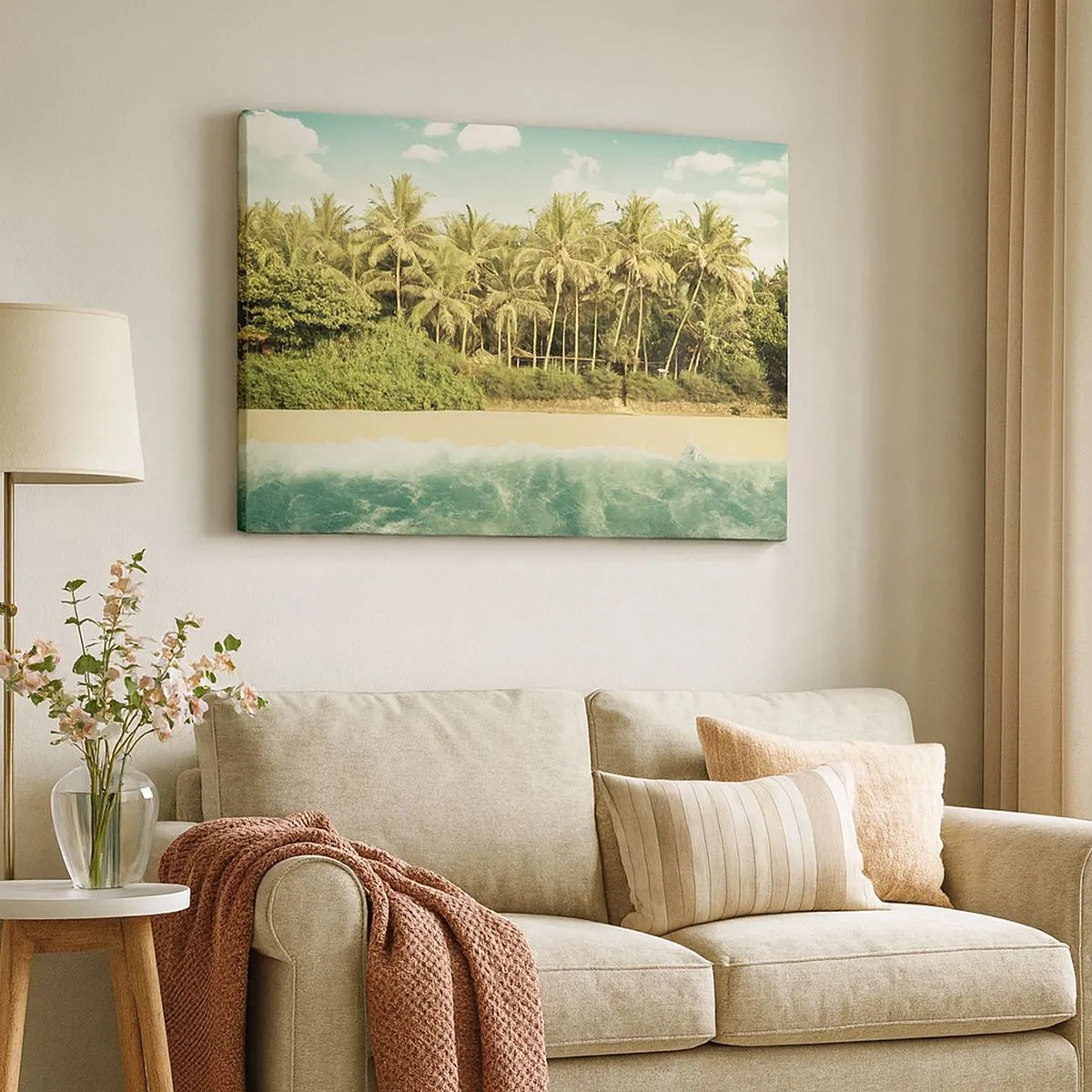 Quadro su tela - Stampe su Tela - Spiaggia tropicale con palme e mare turchese - 70x50cm - Forse qui? - Decorazione murale moderna per soggiorno e camera da letto ARTTOR