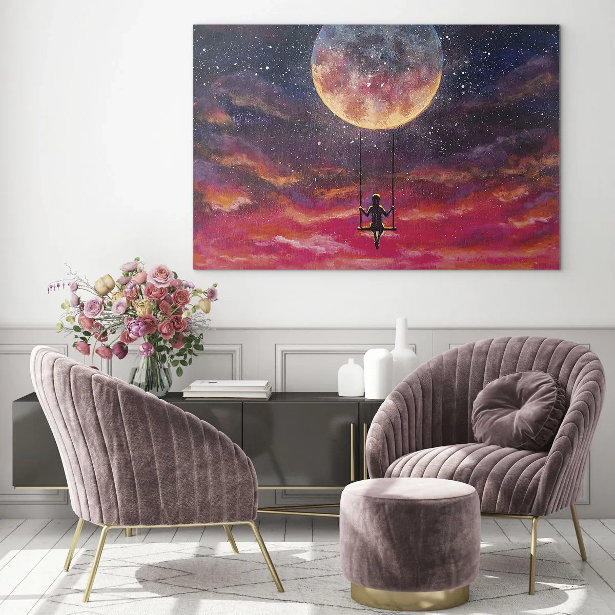 Quadro su vetro - Una ragazza su un'altalena sospesa sotto la luna - 70x50cm - Con la testa tra le nuvole - Decorazione murale moderna per soggiorno e camera da letto ARTTOR