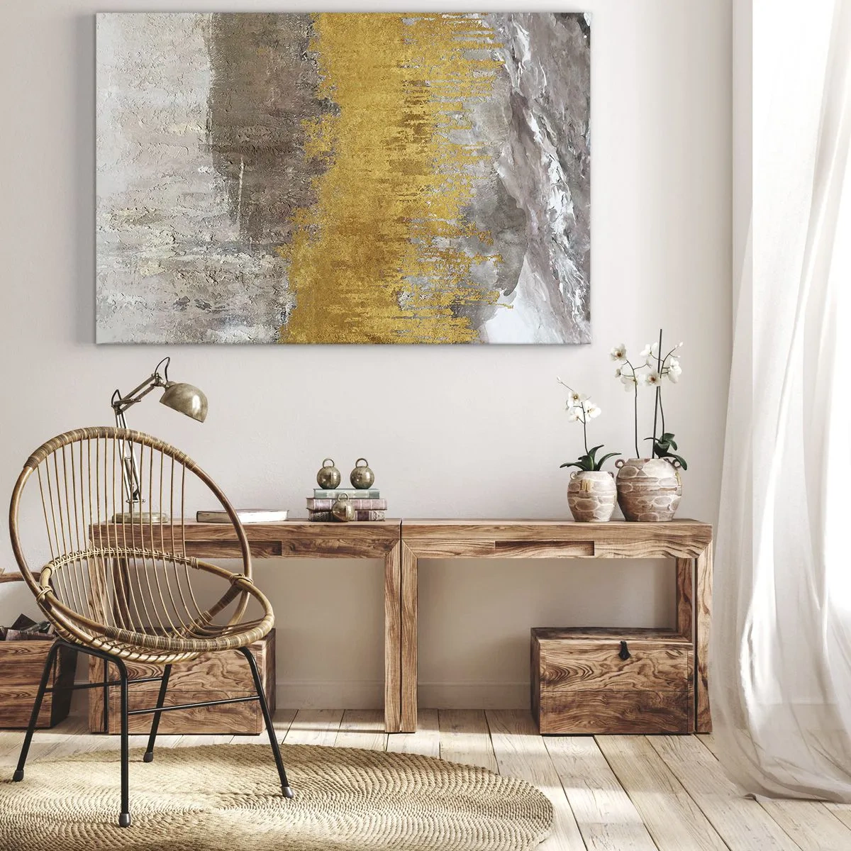 Quadro su tela - Stampe su Tela - Motivo astratto oro e beige - 70x50cm - Soffio dorato - Decorazione murale moderna per soggiorno e camera da letto ARTTOR
