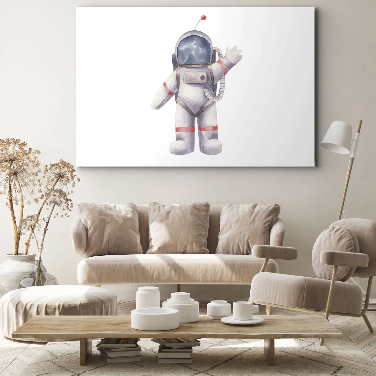 Quadro su tela - Stampe su Tela - Astronauta in stile acquerello su sfondo bianco - 70x50cm - Ci vediamo! - Decorazione murale moderna per soggiorno e camera da letto ARTTOR