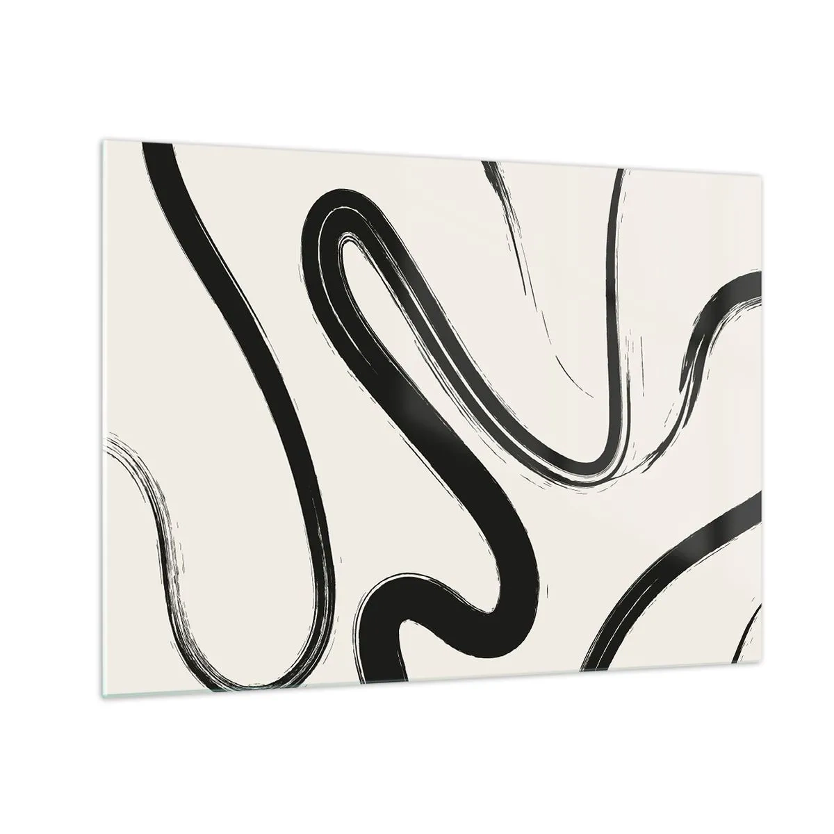Quadro su vetro - Linee nere dinamiche su uno sfondo chiaro in stile astratto. - 70x50cm - Capriccio bianco e nero - Decorazione murale moderna per soggiorno e camera da letto ARTTOR