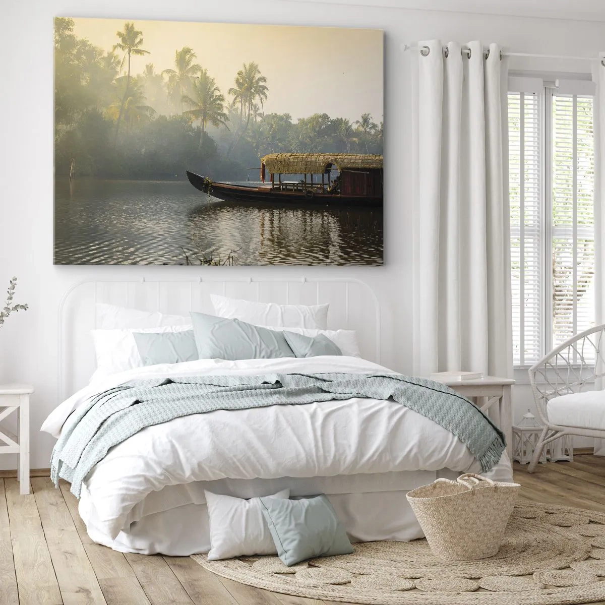 Quadro su tela - Stampe su Tela - Una barca tradizionale su un fiume calmo tra le palme - 70x50cm - Casa sul fiume - Decorazione murale moderna per soggiorno e camera da letto ARTTOR