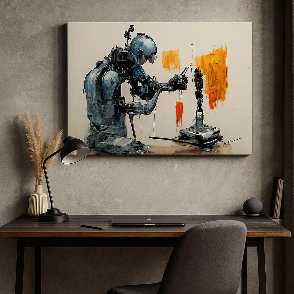 Quadro su tela - Stampe su Tela - Robot al lavoro con sfondo astratto - 70x50cm - È già domani... - Decorazione murale moderna per soggiorno e camera da letto ARTTOR