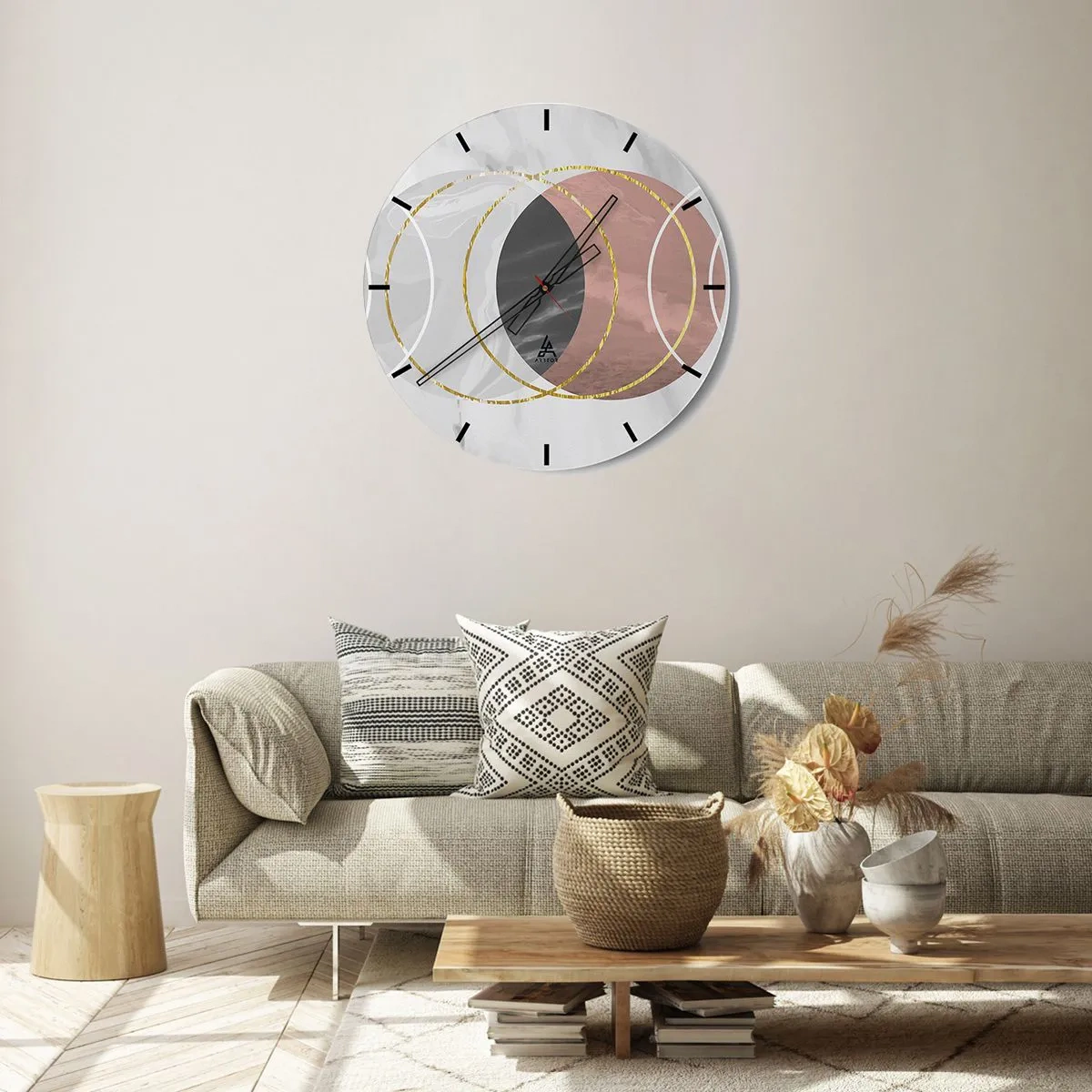 Orologio da parete - Orologio in Vetro - Cerchi geometrici nei toni del grigio e del rame con accenti dorati - 30x30cm - La musica delle sfere - Decorazione murale moderna per soggiorno, cucina e camera da letto ARTTOR