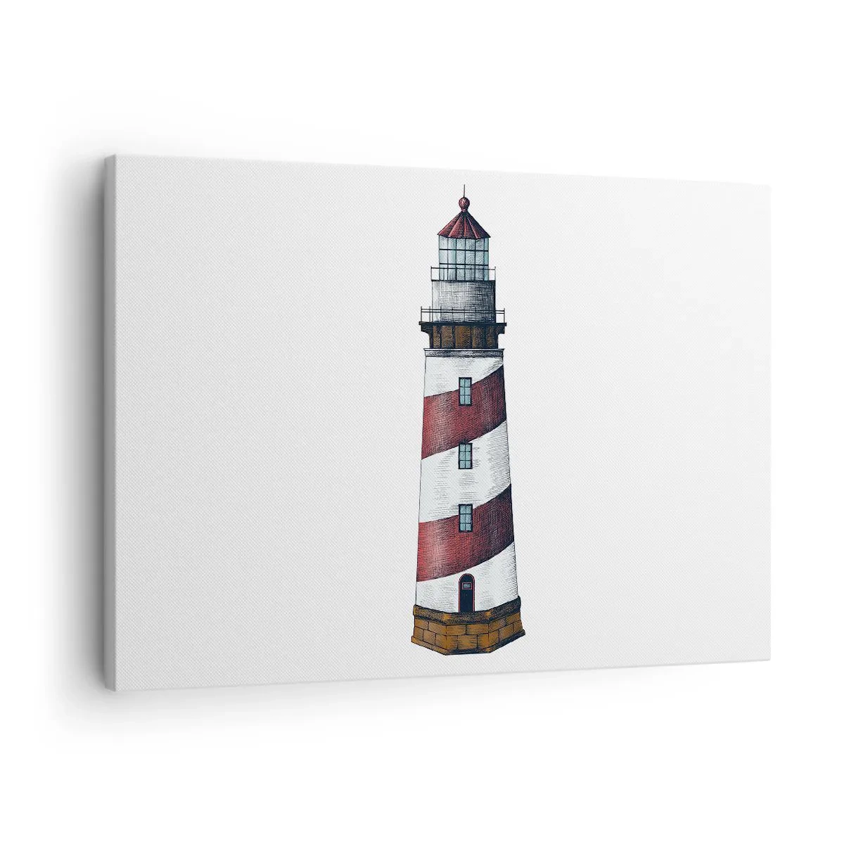 Quadro su tela - Stampe su Tela - Immagine cartoon di un faro con strisce rosse e bianche su uno sfondo minimalista. - 70x50cm - Sempre di guardia - Decorazione murale moderna per soggiorno e camera da letto ARTTOR
