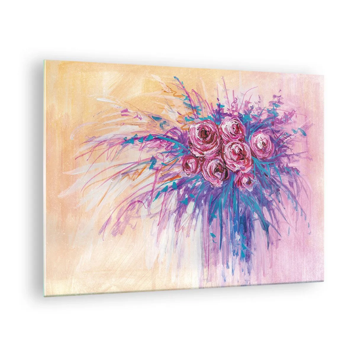 Quadro su vetro - Un bouquet di rose nei toni del rosa e del viola su uno sfondo pastello - 70x50cm - Fontana rosa - Decorazione murale moderna per soggiorno e camera da letto ARTTOR