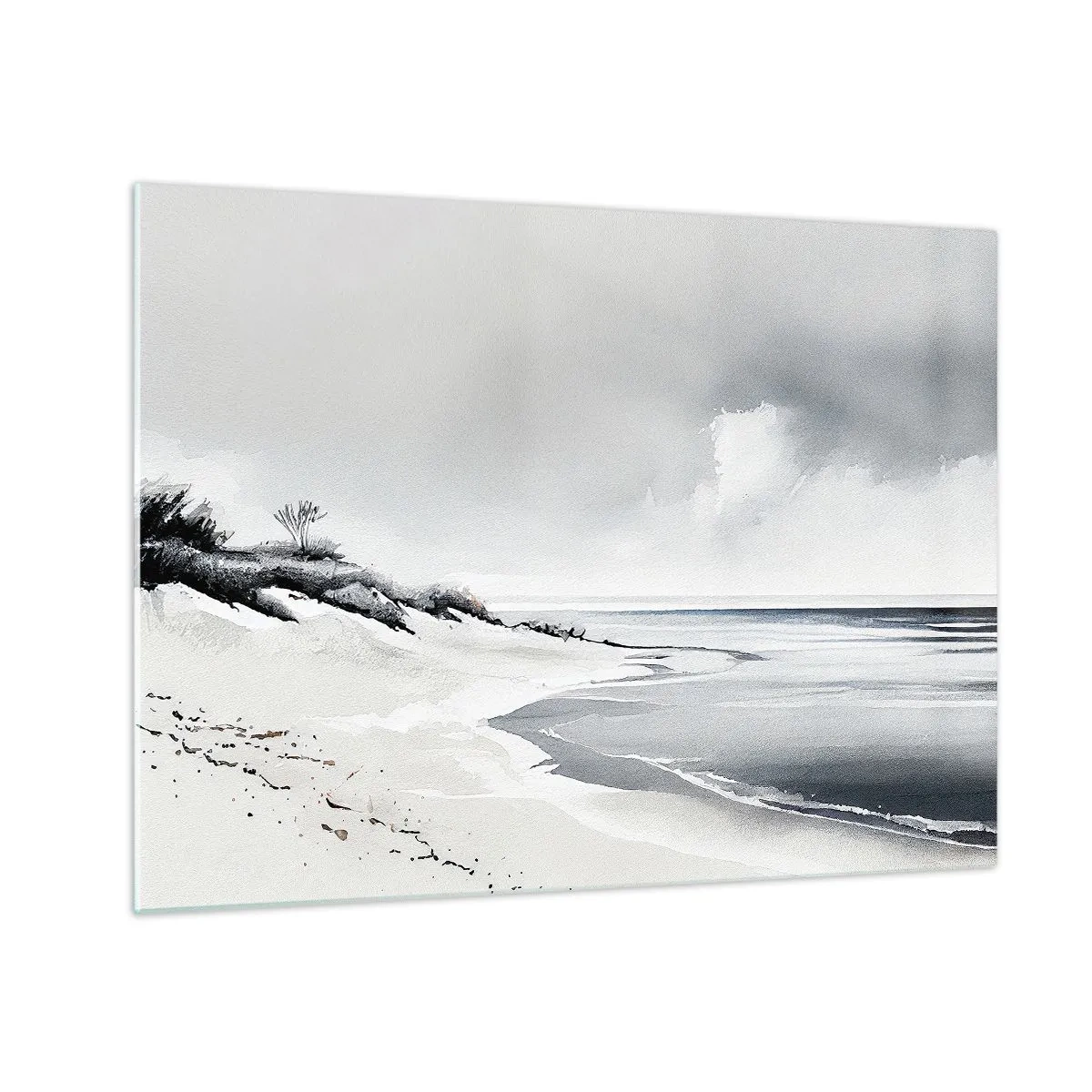 Quadro su vetro - Spiaggia bianca e nera con orizzonte e mare calmo - 70x50cm - Insieme da sempre - Decorazione murale moderna per soggiorno e camera da letto ARTTOR