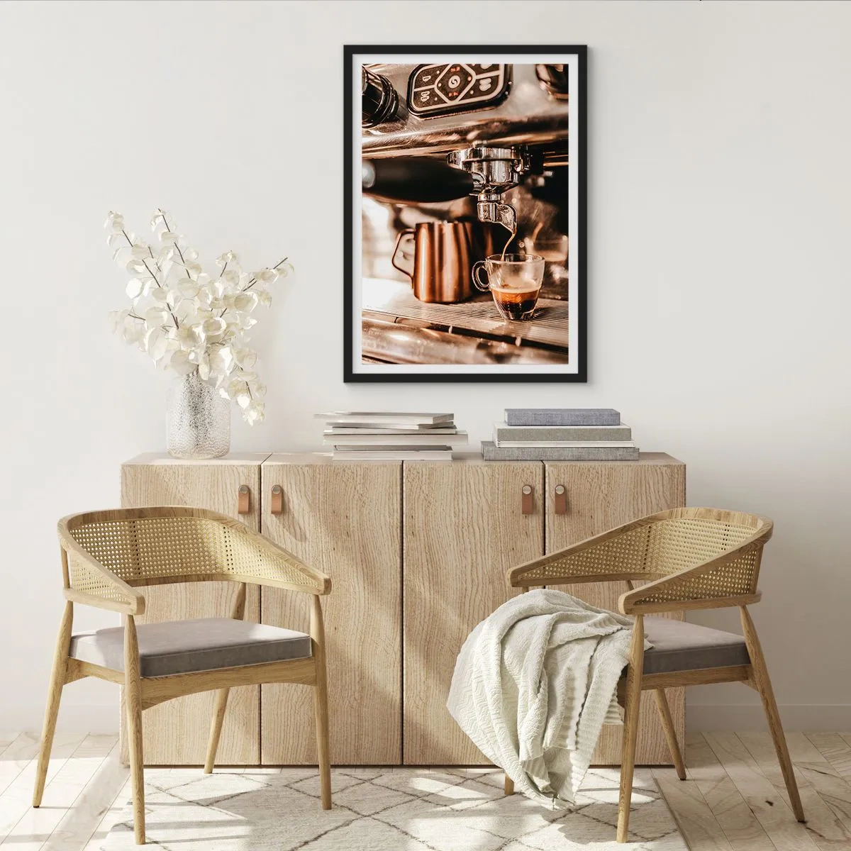 Poster in cornice nera - Espresso aromatico dalla macchina per espresso - 50x70cm - Lo splendore del caffè - Decorazione murale moderna per soggiorno e camera da letto ARTTOR