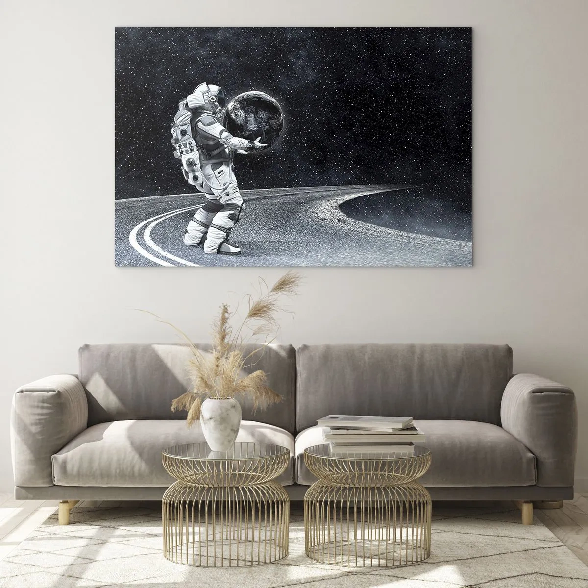 Quadro su vetro - Un astronauta che trasporta la Terra nel suo viaggio attraverso l'universo - 70x50cm - Sulla Via Lattea - Decorazione murale moderna per soggiorno e camera da letto ARTTOR
