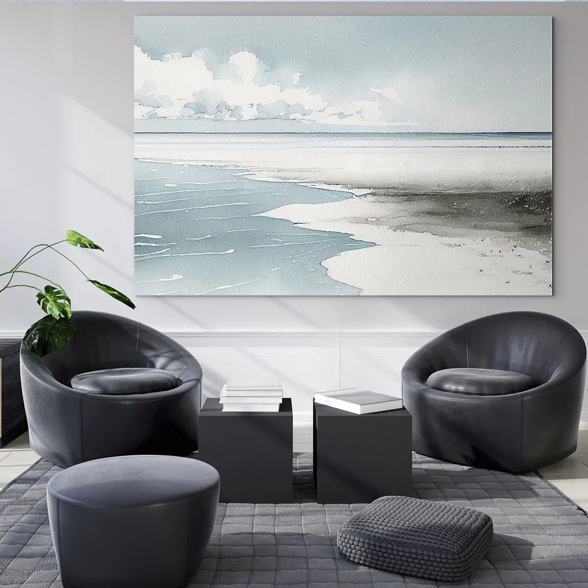 Quadro su vetro - Un tranquillo paesaggio marino in stile acquerello, nelle tonalità del blu. - 70x50cm - Marea dolce - Decorazione murale moderna per soggiorno e camera da letto ARTTOR