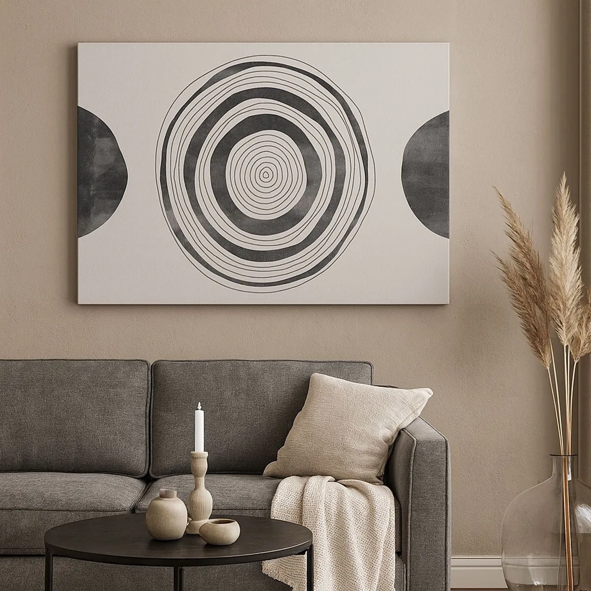 Quadro su tela - Stampe su Tela - Cerchi minimalisti in bianco e nero su uno sfondo chiaro - 70x50cm - Conta ciò che sta in mezzo - Decorazione murale moderna per soggiorno e camera da letto ARTTOR