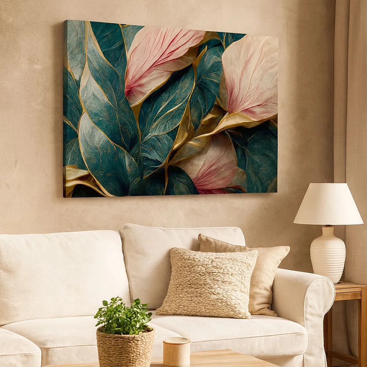 Quadro su tela - Stampe su Tela - Eleganti foglie in verde, oro e rosa - 70x50cm - Stile ed eleganza naturali - Decorazione murale moderna per soggiorno e camera da letto ARTTOR