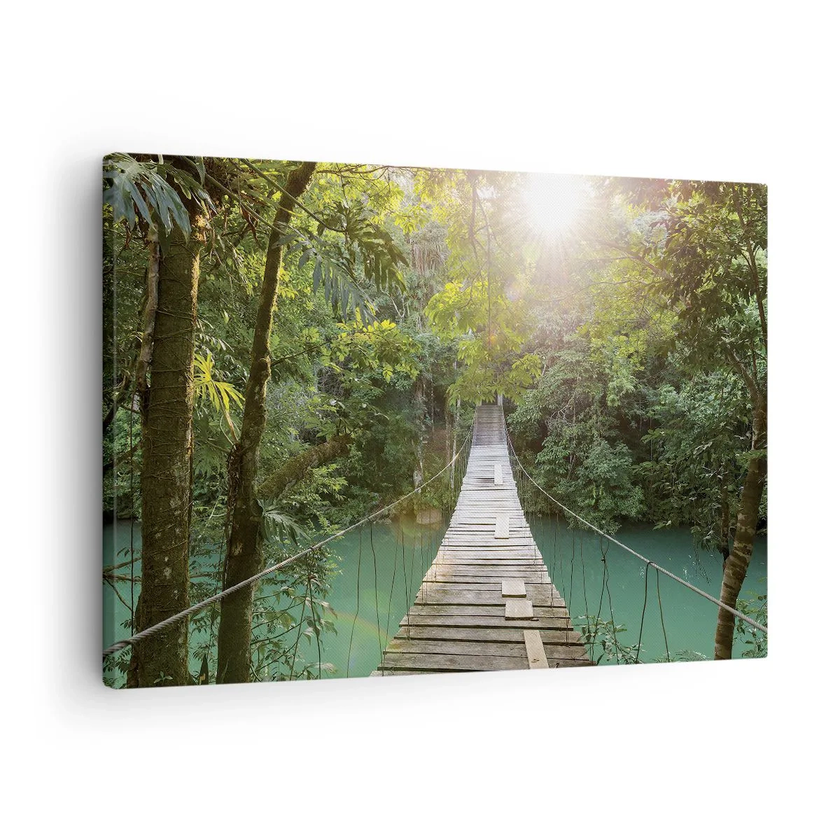 Quadro su tela - Stampe su Tela - Un ponte sospeso in una foresta tropicale illuminato dalla luce del sole. - 70x50cm - Sull'acqua azzurra verso il bosco azzurro - Decorazione murale moderna per soggiorno e camera da letto ARTTOR