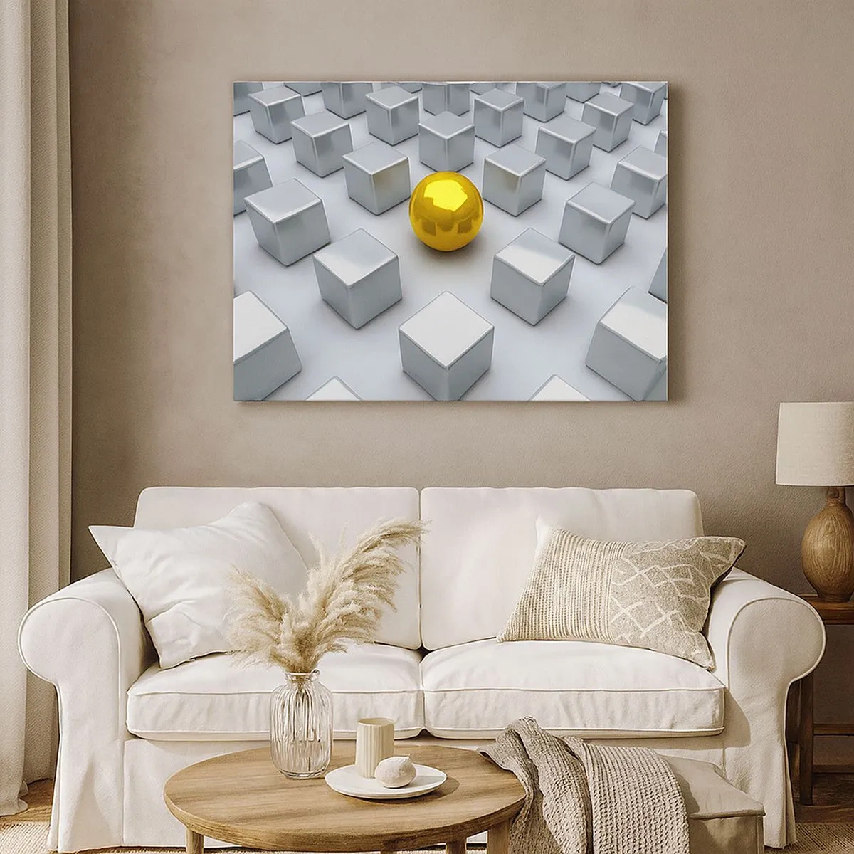 Quadro su tela - Stampe su Tela - Una sfera dorata che spicca tra i cubi d'argento - 70x50cm - Perché io? Composizione geometrica - Decorazione murale moderna per soggiorno e camera da letto ARTTOR