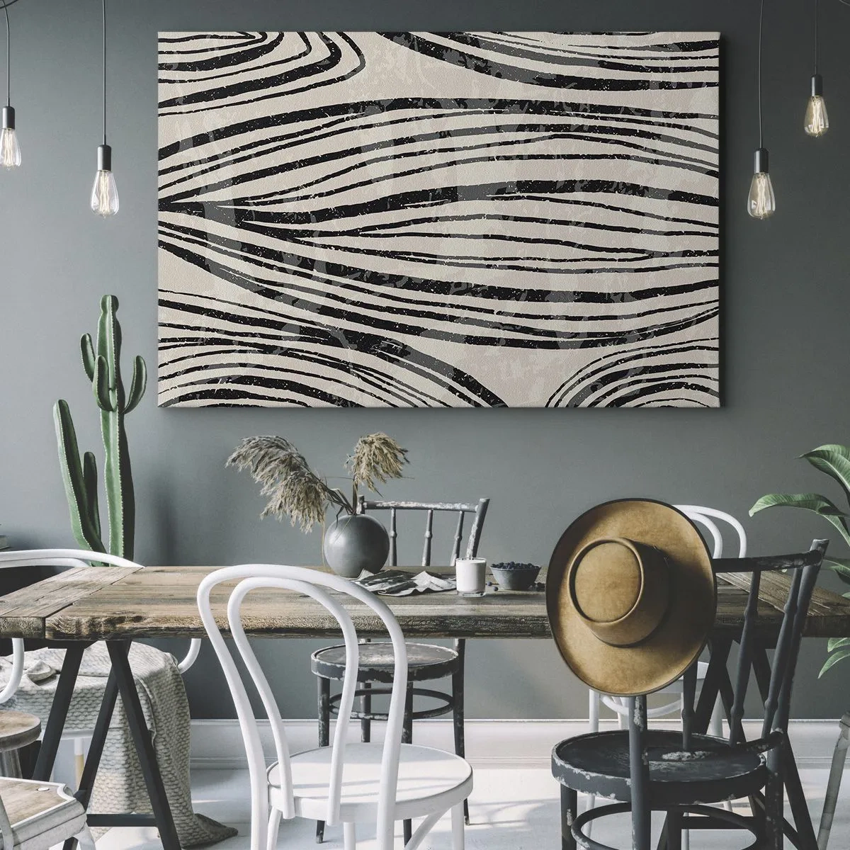 Quadro su tela - Stampe su Tela - Onde astratte in tonalità di bianco e nero - 70x50cm - Una palude di linee - Decorazione murale moderna per soggiorno e camera da letto ARTTOR