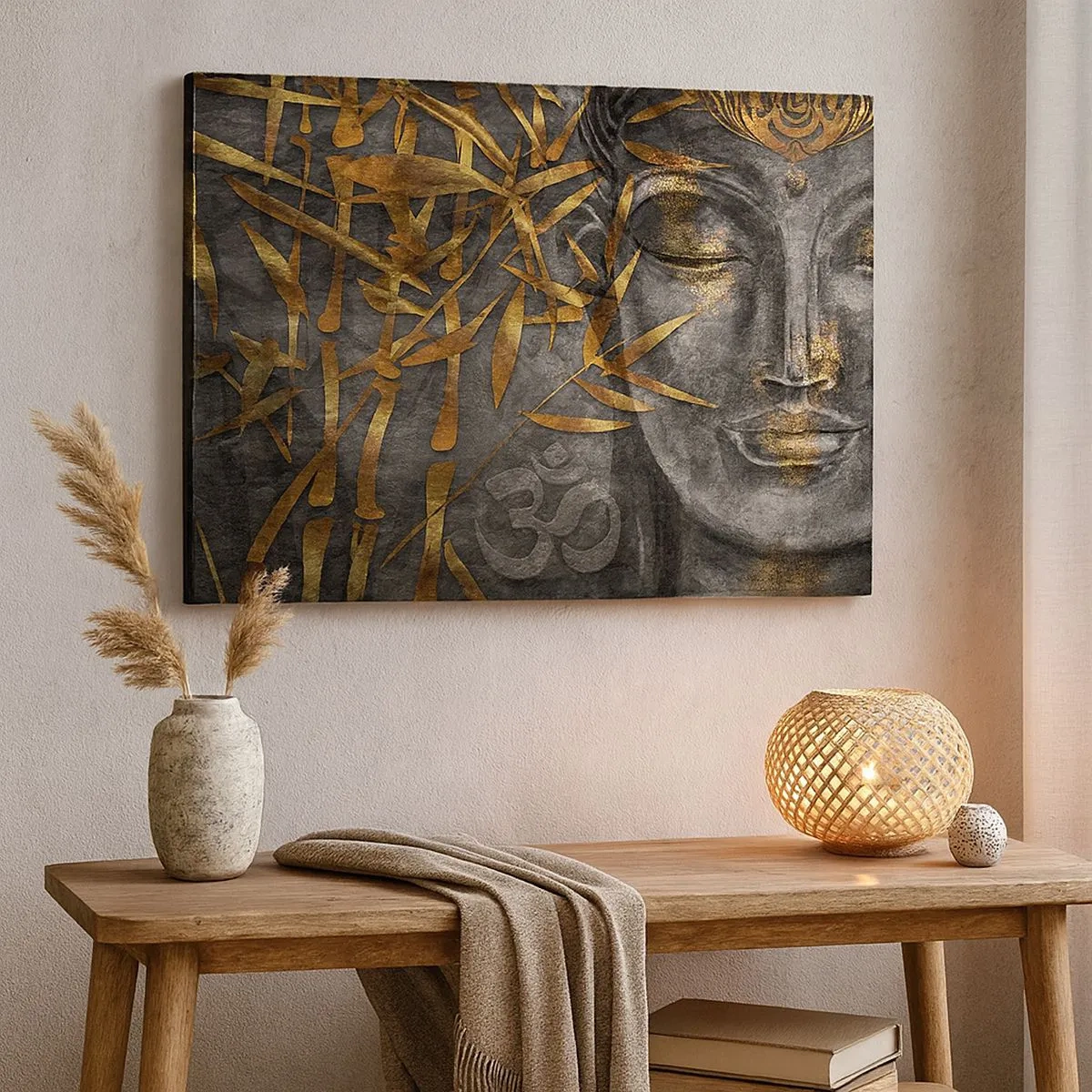 Quadro su tela - Stampe su Tela - Immagine del Buddha Zen con bambù dorati - 70x50cm - Senti la pace - Decorazione murale moderna per soggiorno e camera da letto ARTTOR