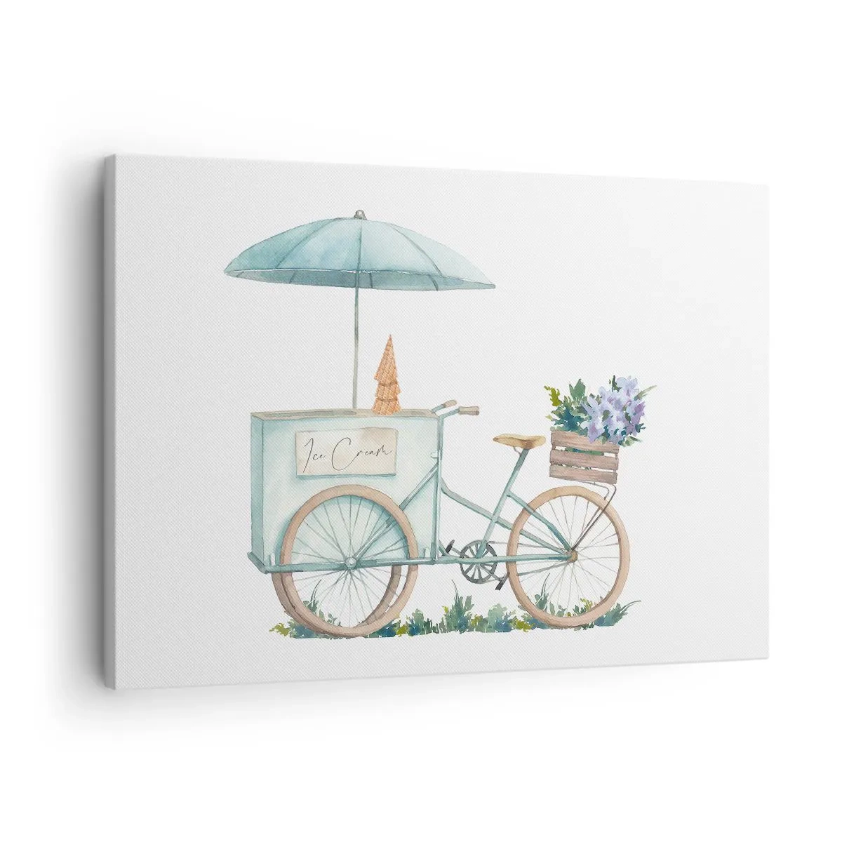Quadro su tela - Stampe su Tela - Una bicicletta con gelato e fiori sotto un ombrellone in delicati colori pastello - 70x50cm - Dolce ricordo d'estate - Decorazione murale moderna per soggiorno e camera da letto ARTTOR