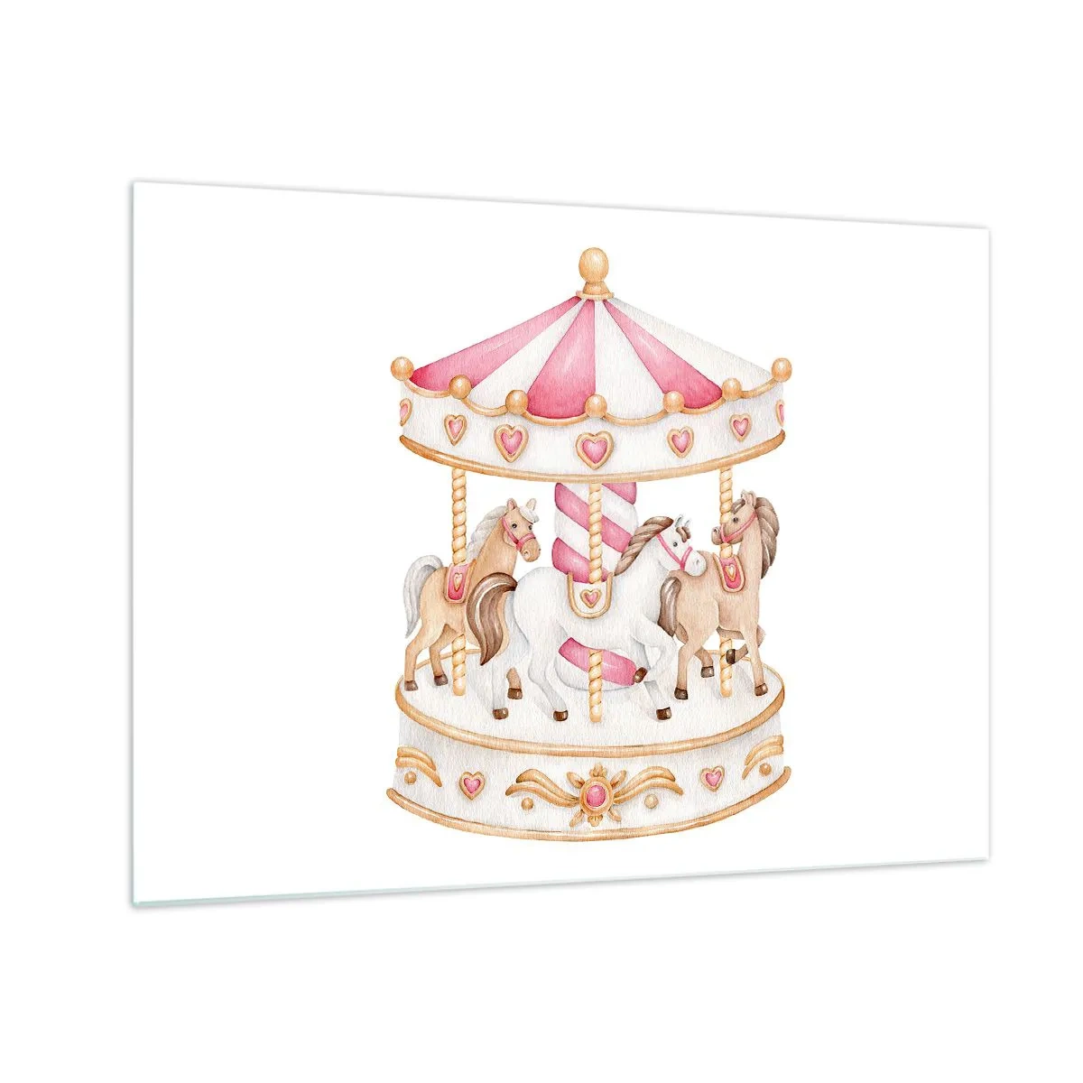 Quadro su vetro - Una giostra rosa con cavalli in stile bambini su uno sfondo bianco - 70x50cm - Il dolce mondo dell'infanzia - Decorazione murale moderna per soggiorno e camera da letto ARTTOR