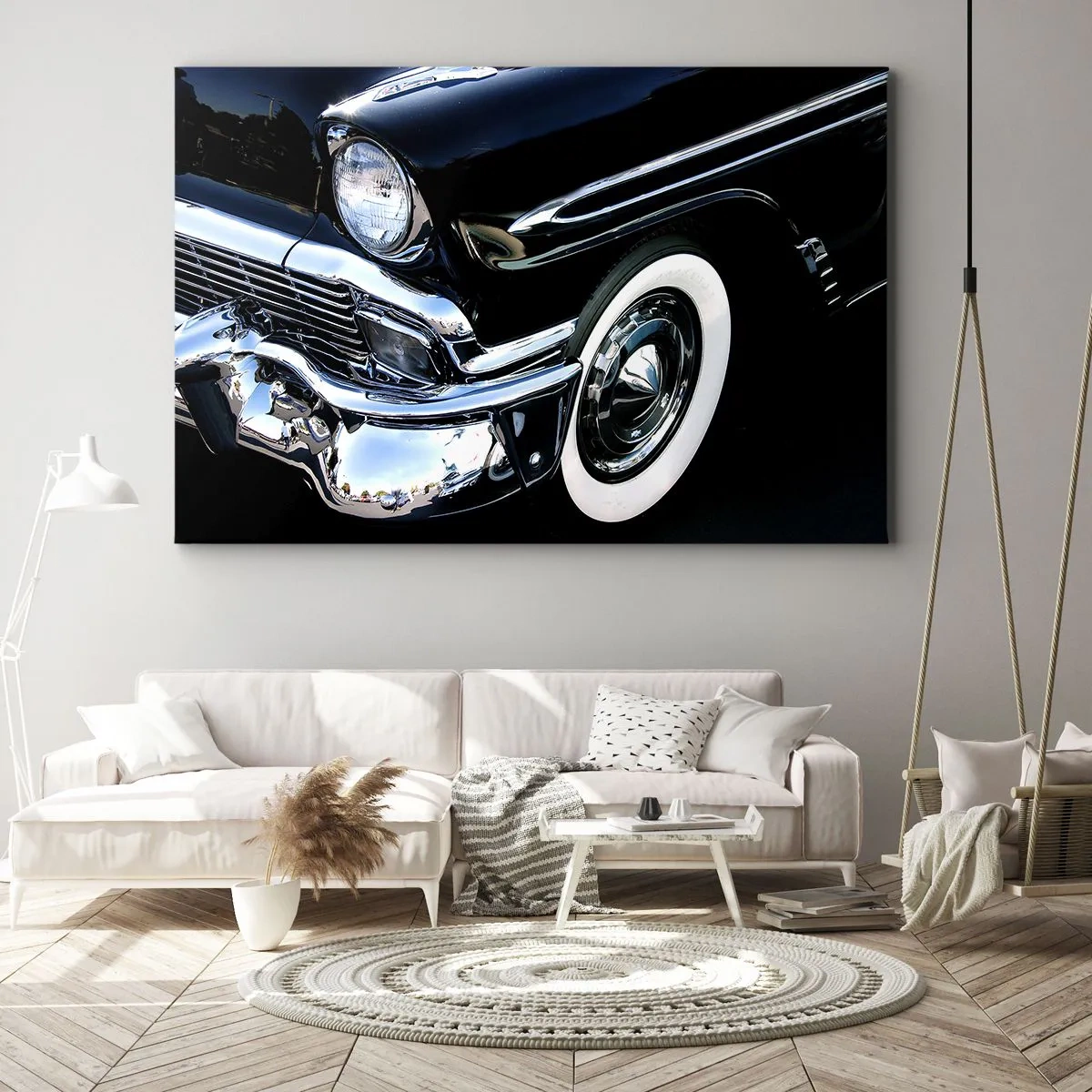 Quadro su tela - Stampe su Tela - Primo piano del faro e del parafango di un'auto classica nera - 70x50cm - Classicità in argento, nero e bianco - Decorazione murale moderna per soggiorno e camera da letto ARTTOR