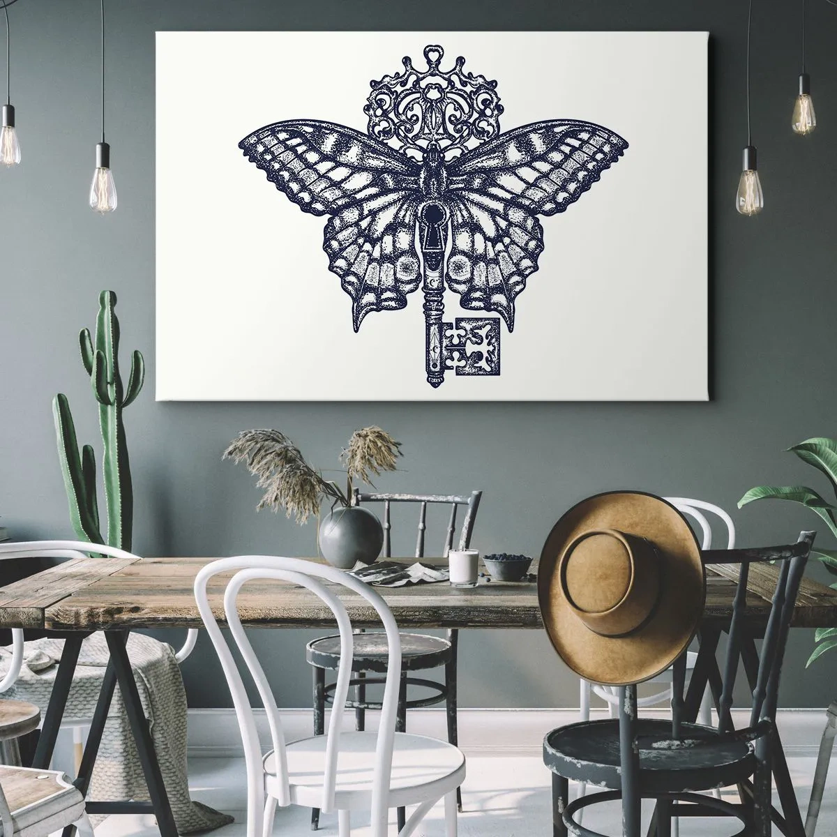 Quadro su tela - Stampe su Tela - Elegante grafica a farfalla e chiave in stile minimalista - 70x50cm - Tutti i segreti del cuore - Decorazione murale moderna per soggiorno e camera da letto ARTTOR