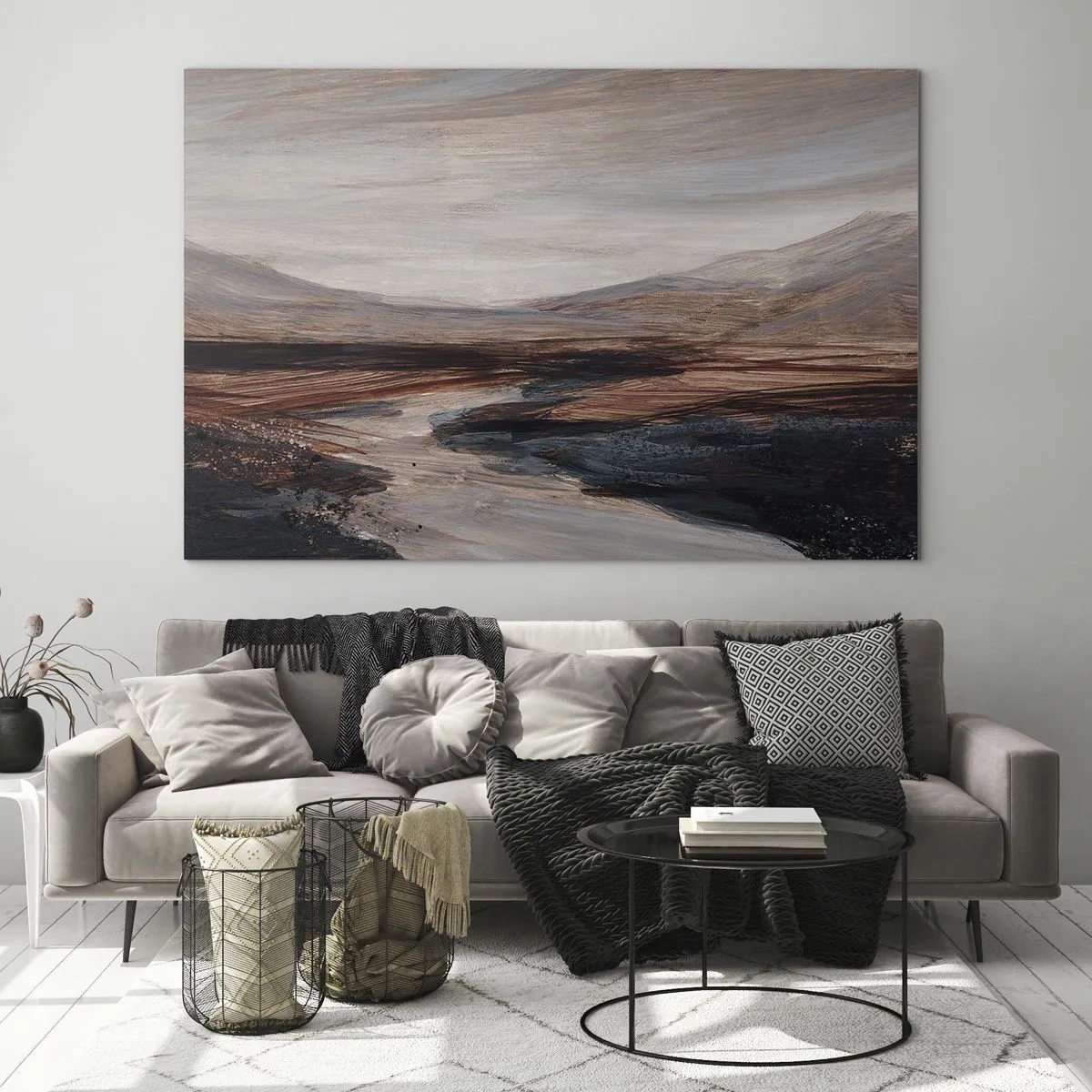 Quadro su vetro - Una pittoresca valle con un fiume dalle sfumature di marrone e blu - 70x50cm - Valle tranquilla - Decorazione murale moderna per soggiorno e camera da letto ARTTOR