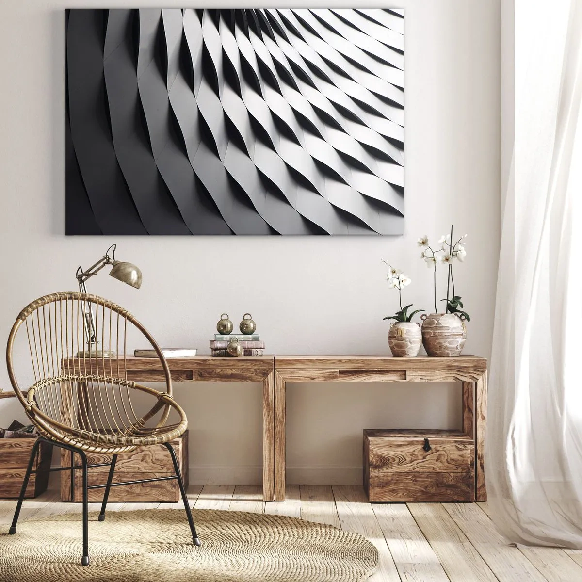 Quadro su tela - Stampe su Tela - Motivo geometrico astratto nei toni del bianco e del nero - 70x50cm - Sulla cresta dell'onda - Decorazione murale moderna per soggiorno e camera da letto ARTTOR