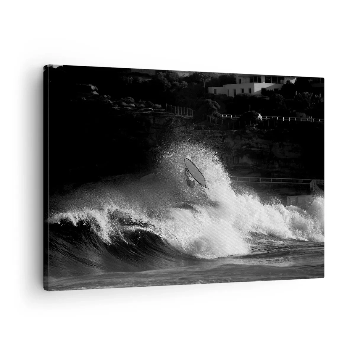 Quadro su tela - Stampe su Tela - Un surfista che cavalca un'onda in bianco e nero - 70x50cm - Sfida accettata! - Decorazione murale moderna per soggiorno e camera da letto ARTTOR