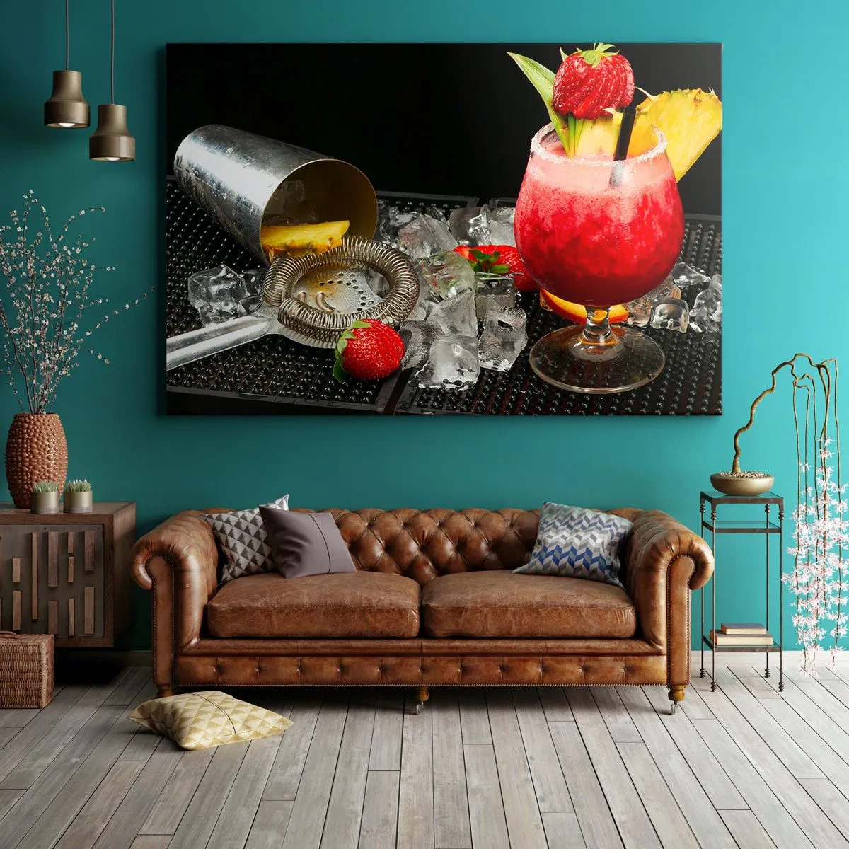Quadro su tela - Stampe su Tela - Un cocktail colorato con fragole, ghiaccio e ananas - 70x50cm - Incantare il gusto - Decorazione murale moderna per soggiorno e camera da letto ARTTOR