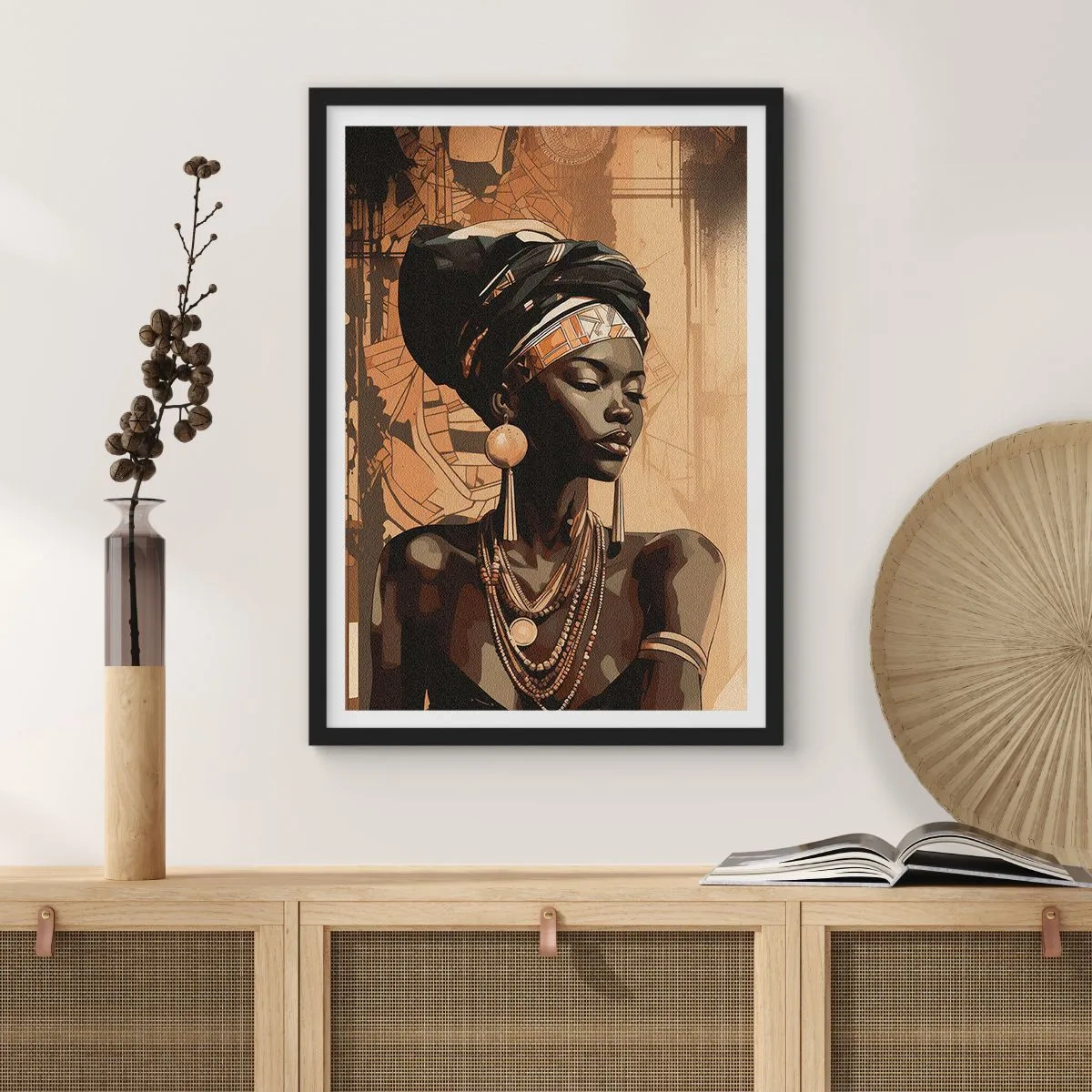 Poster in cornice nera - Ritratto di una donna africana che indossa ornamenti tradizionali - 50x70cm - Maestà africana - Decorazione murale moderna per soggiorno e camera da letto ARTTOR