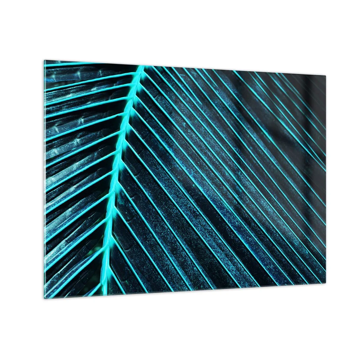 Quadro su vetro - Macrofotografia di una foglia di palma nelle tonalità del turchese - 70x50cm - La struttura del verde - Decorazione murale moderna per soggiorno e camera da letto ARTTOR