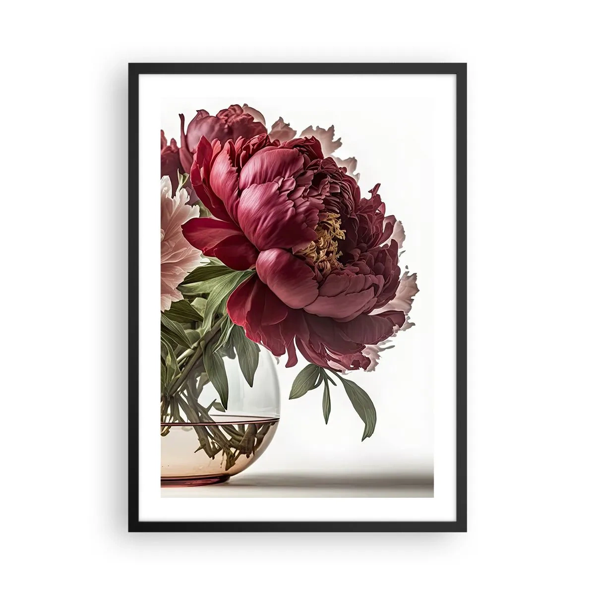 Poster in cornice nera - Peonie rosse in un vaso di vetro su uno sfondo bianco - 50x70cm - Bellezza in piena fioritura - Decorazione murale moderna per soggiorno e camera da letto ARTTOR