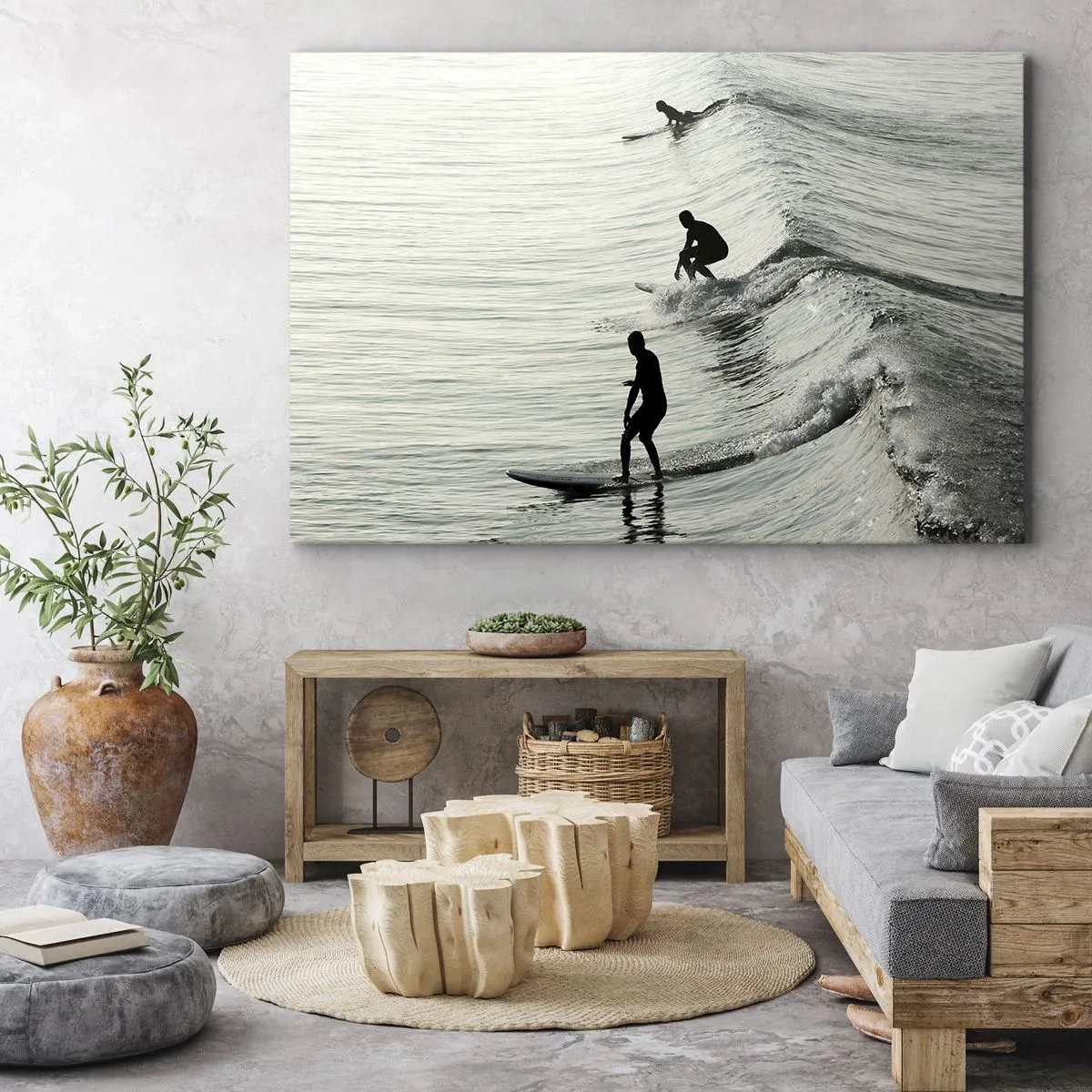 Quadro su tela - Stampe su Tela - Surfisti sulle onde in uno scatto monocromatico - 70x50cm - Onde all'incontro - Decorazione murale moderna per soggiorno e camera da letto ARTTOR