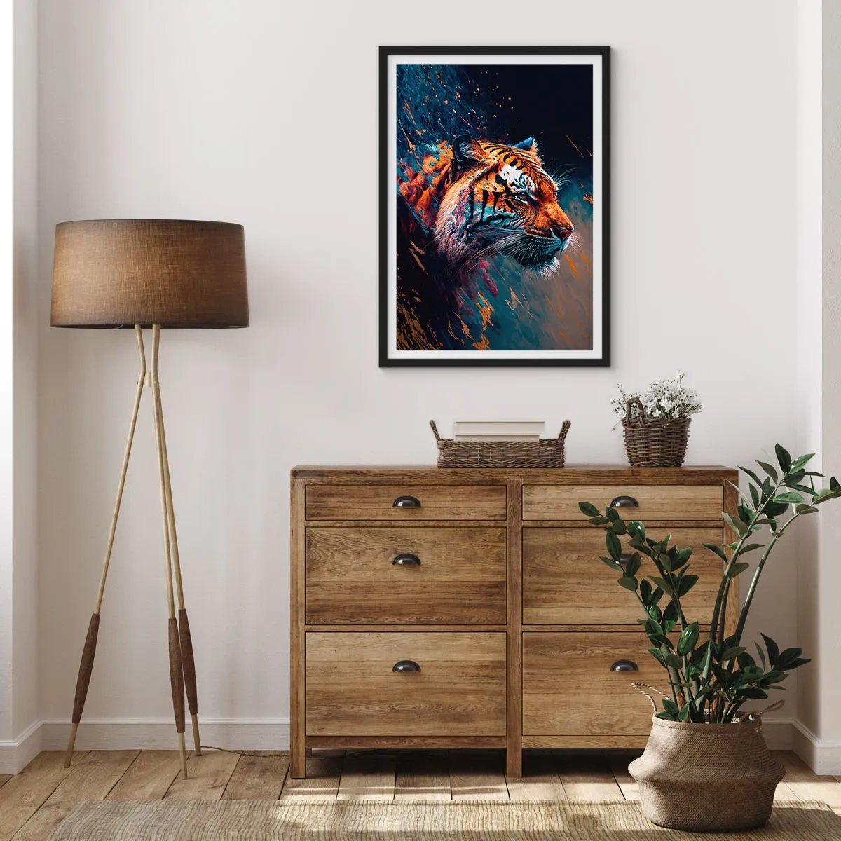 Poster in cornice nera - Un ritratto dinamico di una tigre in stile artistico - 50x70cm - Bellezza selvaggia - Decorazione murale moderna per soggiorno e camera da letto ARTTOR