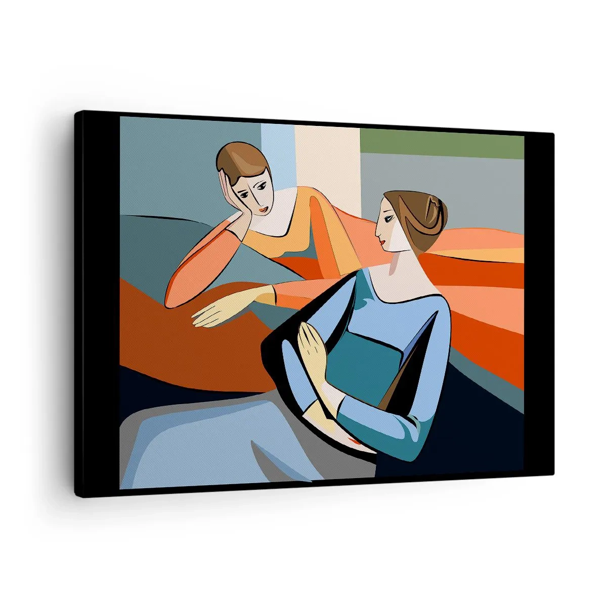 Quadro su tela - Stampe su Tela - Illustrazione astratta di due donne in stile cubista - 70x50cm - Il momento delle confidenze - Decorazione murale moderna per soggiorno e camera da letto ARTTOR