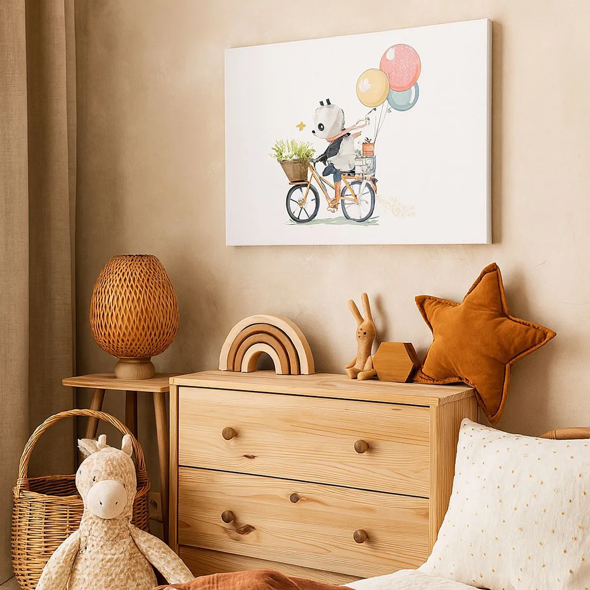 Quadro su tela - Stampe su Tela - Panda in bicicletta con palloncini e fiori - 70x50cm - Giorno felice - Decorazione murale moderna per soggiorno e camera da letto ARTTOR