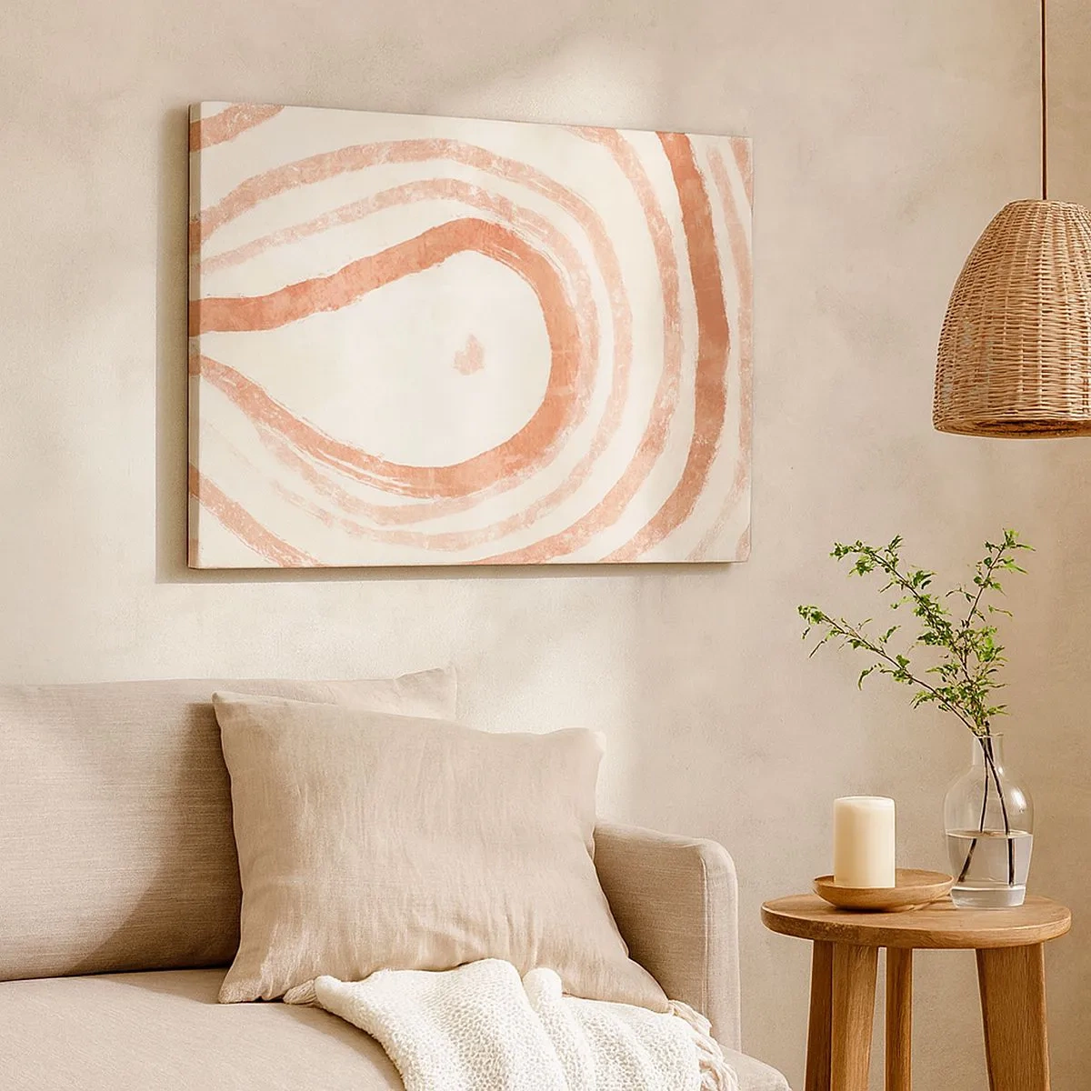 Quadro su tela - Stampe su Tela - Un motivo astratto di linee concentriche nelle tonalità del terracotta. - 70x50cm - Cerchi di corallo - Decorazione murale moderna per soggiorno e camera da letto ARTTOR
