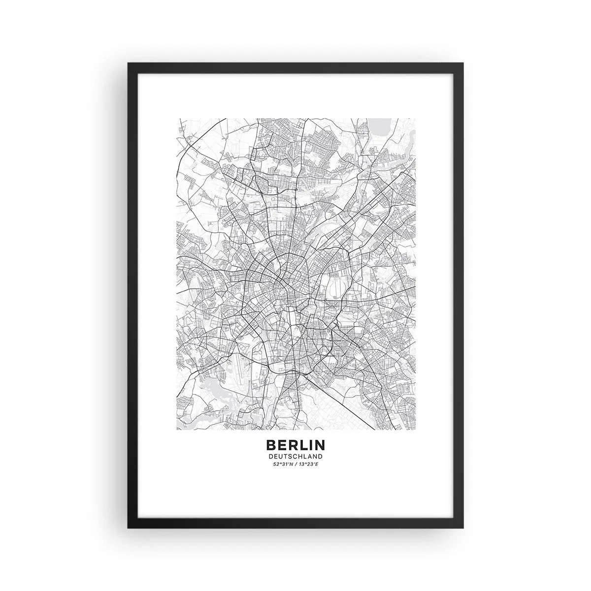 Poster in cornice nera - Una mappa in bianco e nero di Berlino con le strade tracciate con precisione. - 50x70cm - Il fiore di Berlino - Decorazione murale moderna per soggiorno e camera da letto ARTTOR