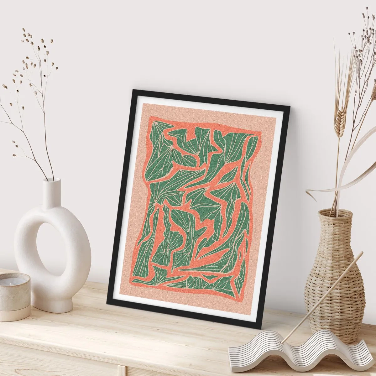 Poster in cornice nera - Motivo astratto a foglie nei toni del verde e della terracotta - 50x70cm - La lotta tra il corallo e il verde - Decorazione murale moderna per soggiorno e camera da letto ARTTOR