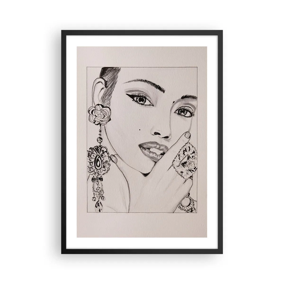 Poster in cornice nera - Schizzo di una donna che indossa gioielli glamour - 50x70cm - Il gioiello più bello - Decorazione murale moderna per soggiorno e camera da letto ARTTOR