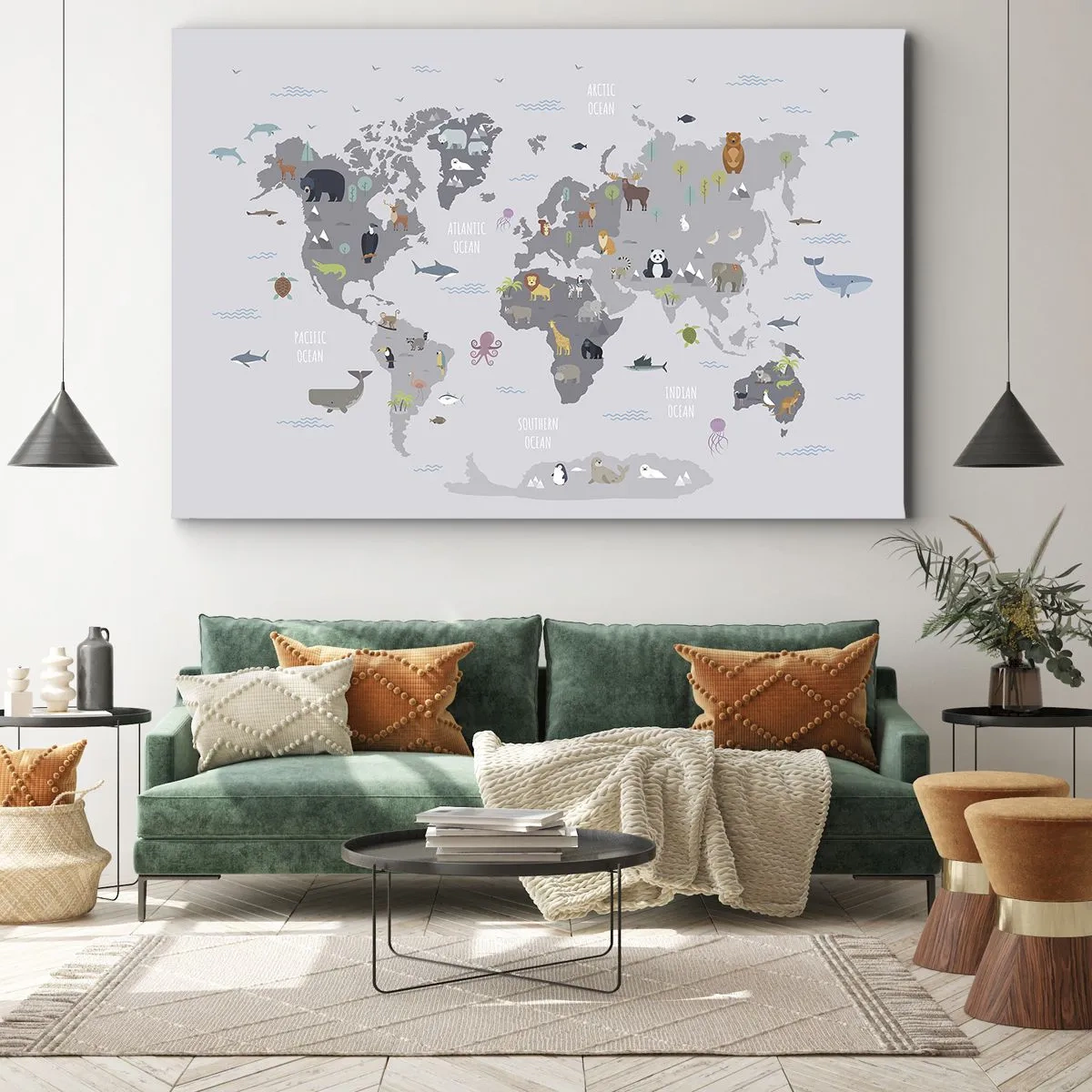 Quadro su tela - Stampe su Tela - Una mappa del mondo con illustrazioni di animali su uno sfondo grigio - 70x50cm - Dimmi di dove sei... - Decorazione murale moderna per soggiorno e camera da letto ARTTOR