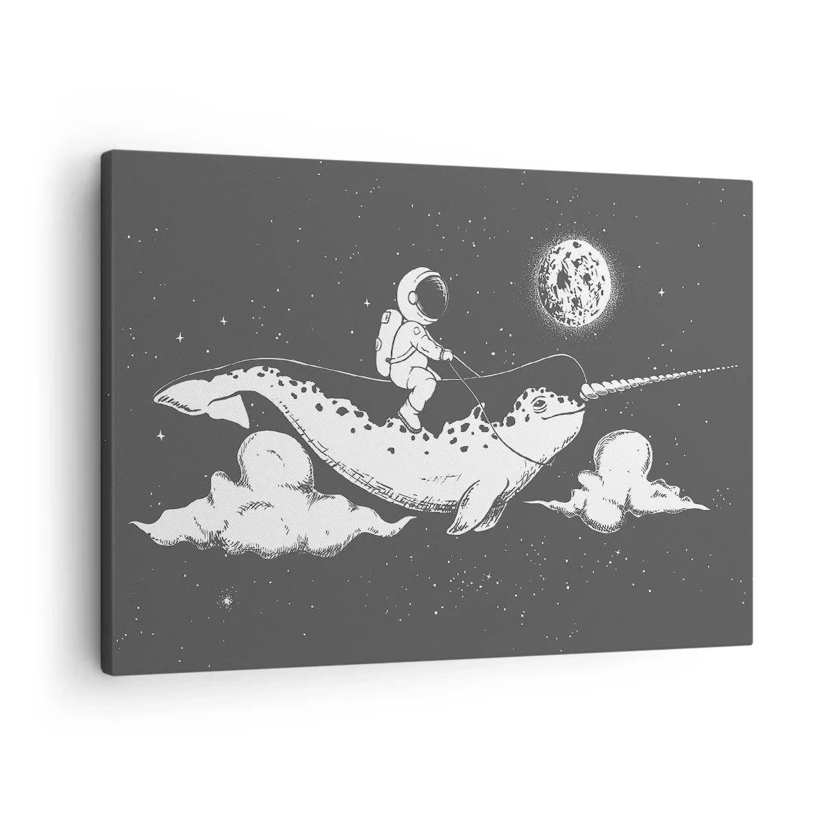 Quadro su tela - Stampe su Tela - Un astronauta sul dorso di un narvalo che fluttua in una scena spaziale. - 70x50cm - Il cavaliere dello spazio - Decorazione murale moderna per soggiorno e camera da letto ARTTOR