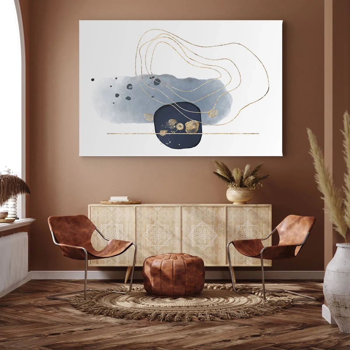 Quadro su tela - Stampe su Tela - Astrazione nei toni del blu e dell'oro - 70x50cm - Fantasia blu e oro - Decorazione murale moderna per soggiorno e camera da letto ARTTOR
