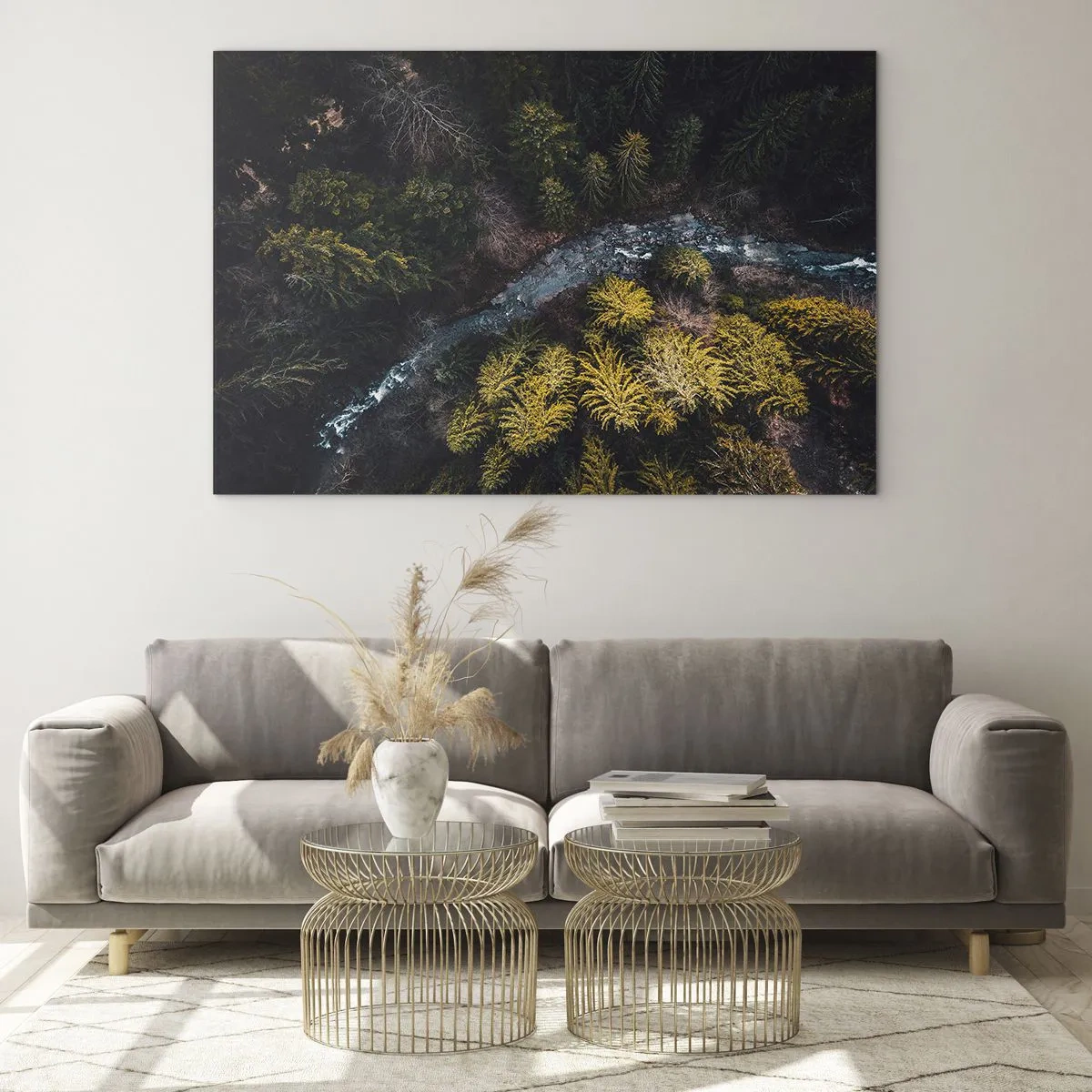 Quadro su vetro - Vista a volo d'uccello di un paesaggio forestale con un ruscello tortuoso - 70x50cm - Sempre più veloce - Decorazione murale moderna per soggiorno e camera da letto ARTTOR